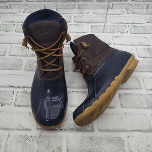 Sperry Saltwater Duck Rain Boots Brown Leather Navy Rubber Women's Size 9